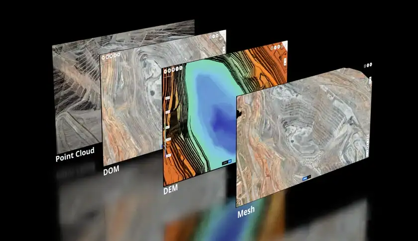 Die Zenmuse L3 liefert verschiedene Datenergebnisse, darunter 3D-Mesh-Modelle, Digitale Höhenmodelle (DEM), Orthofotos (DOM) und Punktwolken.